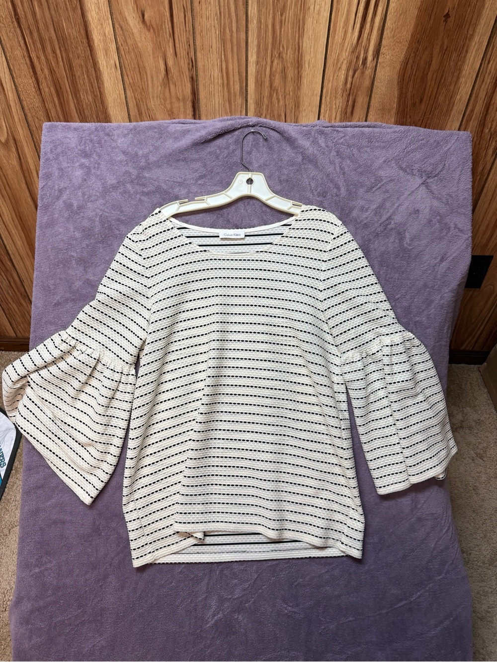 Calvin Klein Cream Knit Bell-Sleeve Top with Black Stripes